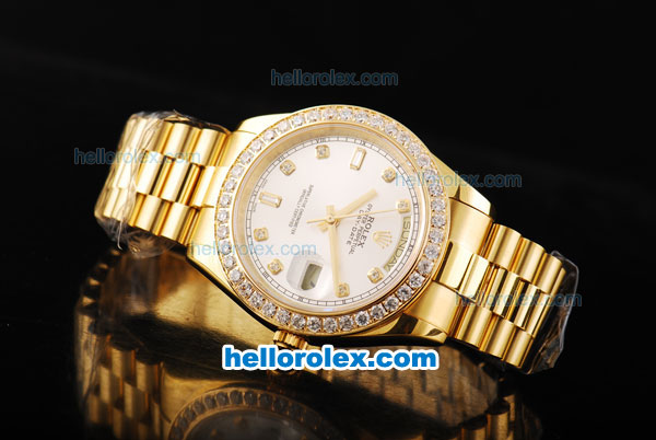 Rolex Day Date II Automatic Movement Full Gold with Diamond Bezel-Silver Dial and Diamond Markers - Click Image to Close